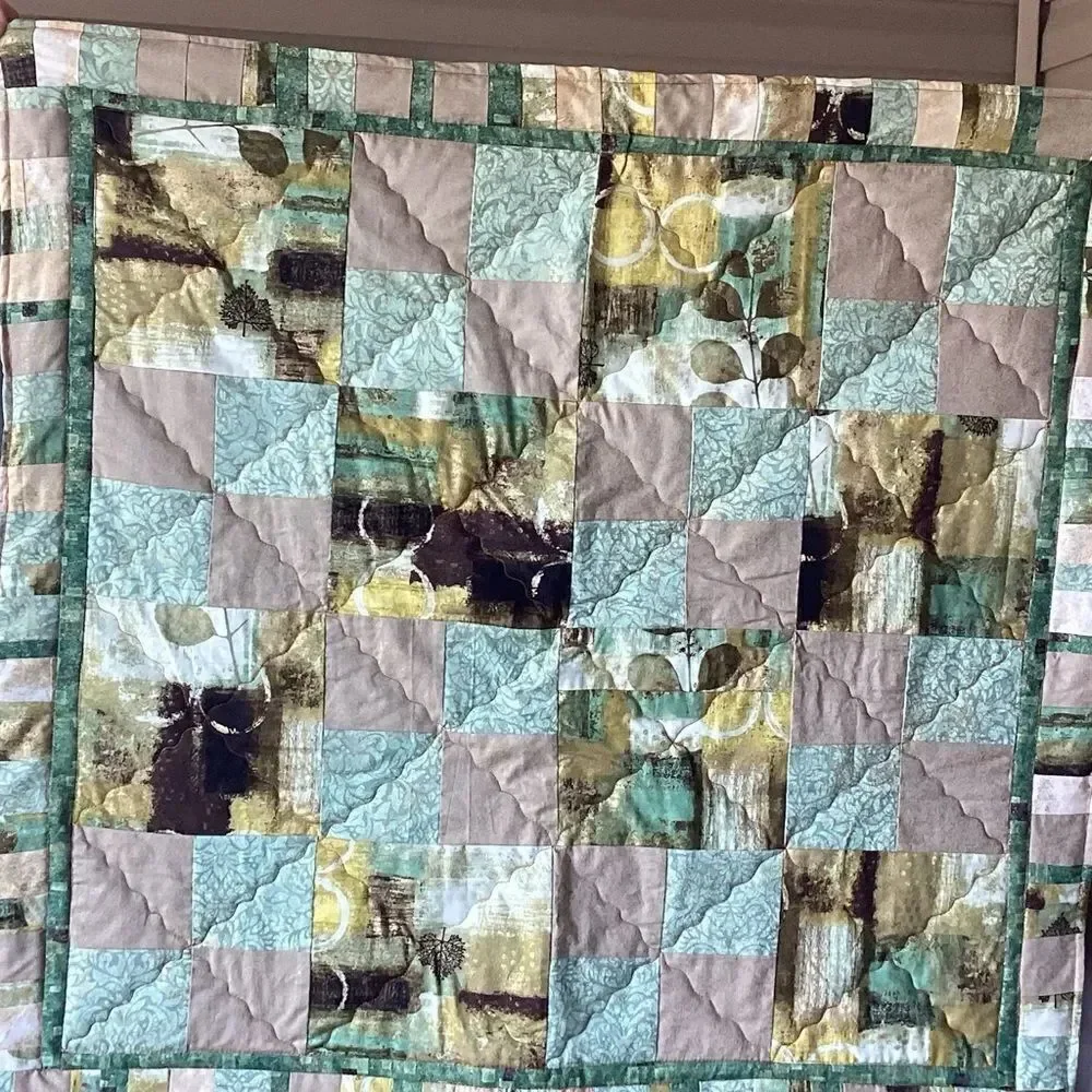 NWT Hand Crafted Greens and Golds Nature Prints Lap Quilt
